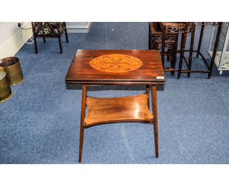 Card Table Inlaid dark wood gaming table with fold out top and green baize, ribbon and floral wood inlay lozenge to top. Appr