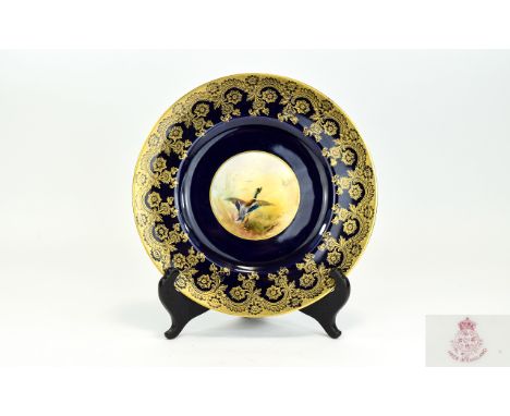Royal Worcester Hand Painted Cabinet Plate, Mallard Duck In Flight Within Painted Gold Floral Borders, Date 1934. 9 Inches In