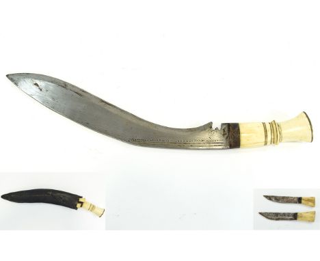 Antique - British Military Fisher Gurka Khururi Set of 3 Fighting Knifes with Ivory / Bone Handles, Complete with Hand Made L