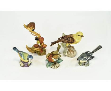 A Collection Of Ceramic Bird Figures 4 plus one other. The first a Beswick Grey Wagtail 1041. The second a Royal Worcester  B