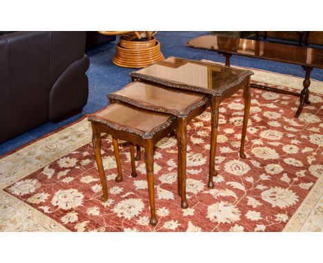 Vintage / Antique Nest of ( 3 ) Graduated Walnut Side Tables with Inlaid Glass Tops. 22.5 Inches High. All Pieces are In Good