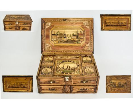 Napoleonic - Impressive Handmade Prisoner of War - Period Straw Marquerty Lidded Box. The Lid with Galleon and Town Harbour S