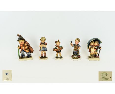 M. J. Hummel - Large Early Figures ( 5 ) In Total. Comprises 1/ Boy and Girl with Umbrella. 6.25 Inches High. 2/ Boy with Cel