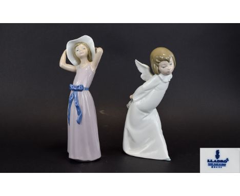 Lladro Figures ( 2 ) 1/ ' Coy ' Model No 5011. Issued 1978 - 1998. Height 10.25 Inches. 2/ Curious Angel, Model No 4960. Issu