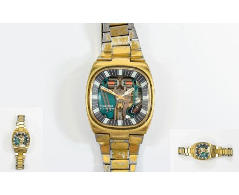Bulova Accutron 214 Triple Cushion Space View - Gold Plated 100 th Anniversary Mens Watch, Year of Manufacture 1970 - 1975, w