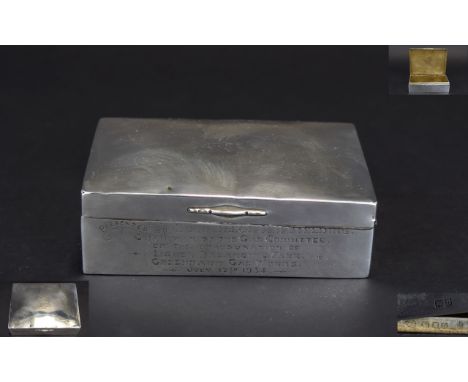 Silver Box Small silver box with hinged lid, embossed to top and engraved to front 'Presented To Councillor R. R. Fielding On