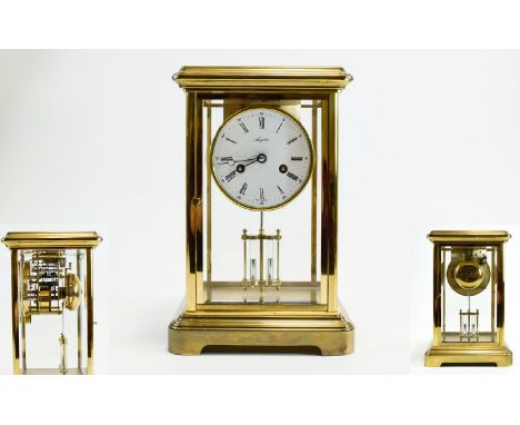 Angelus Clock Co Lacquered Brass Cased Mantel Clock with Glass Panels, 8 Day Movement, Mercury Pendulum, Visible Escapement, 