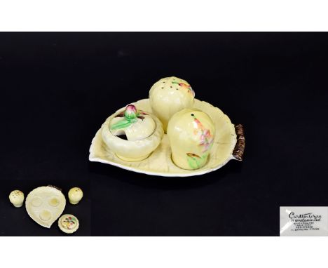 Carltonware Five Piece Cruet Set 1950's cruet set in pale lemon yellow leaf form with pink painted foxglove decoration.