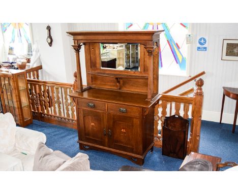 Oak Arts And Crafts Dresser/Hall Unit Large dresser with sinuous floral inlaid design. Central bevelled glass mirror with she