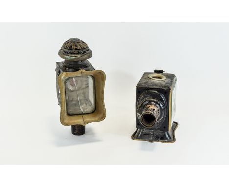 Cast Metal Antique Coach Lamps Two in total with aged, lamp black patina and glazed sides. Hinged front with circualr apertur