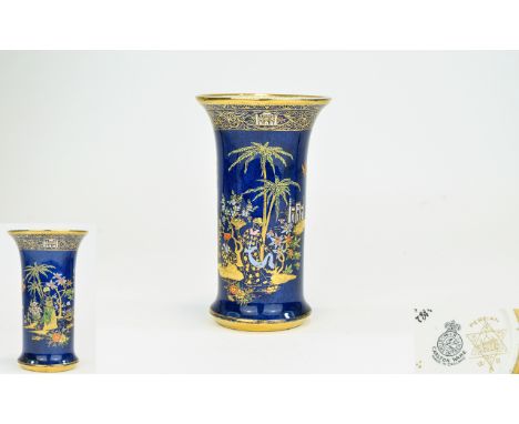 Carlton Ware W & R Trumpet Shaped Lustre Vase ' Persian ' Design. c.1920's. On Blue Ground, Painted Gold Borders. 6 Inches Hi