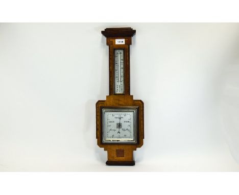 Art Deco Mahogany Inlaid Barometer, Square Silvered Dial With Chrome Mount, Angular Inlaid Mahogany Case, Length 22 Inches