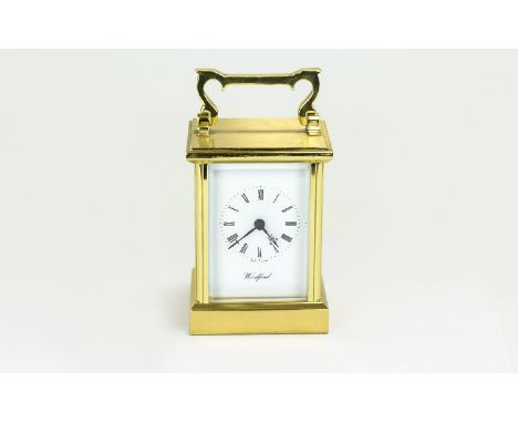 Modern - English Brass Cased Carriage Clock, Battery Driven, Features White Porcelain Dial, Marked to Dial, Woodford. 5 Inche