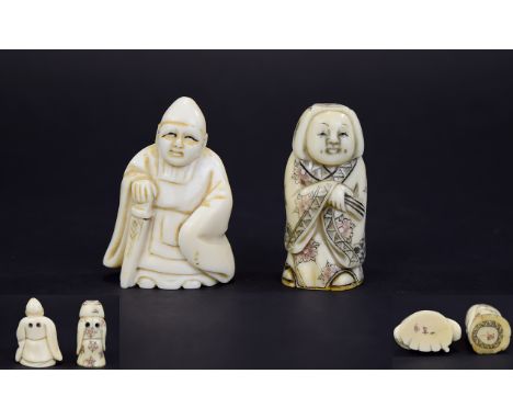 Japanese 19th Century Carved Ivory Netsukes ( 2 ) Meiji Period. Each Netsuke 2.1/8 Inches High. Both Signed to Underside - Pl