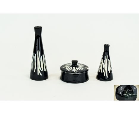 Midwinter ( 4 ) Piece Cruet Set. Designer by Jessie Tait. White Stripes on Black Ground. c.1950. 