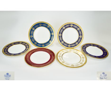 Collection Of Coalport Buffet Plates Six in total in various colours with classical style gilt trim