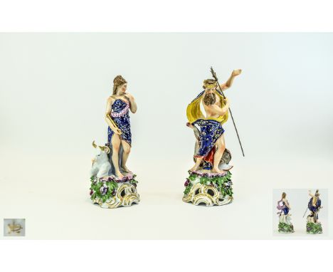 Samson 'Chelsea Derby' Pair of Classical Figures ' Europa and Neptune', Europa, shown holding a golden sceptre, standing befo