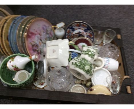 Box of Miscellaneous Comprises Cabinet Plates, Masons Ware, Glass, Midwinter. 