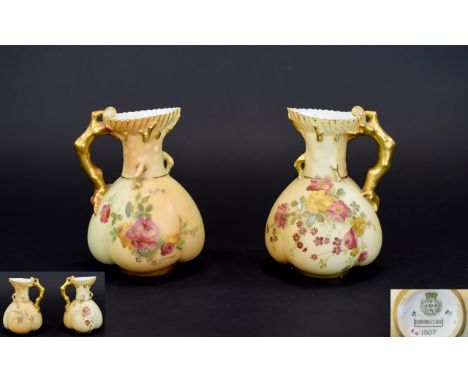 Royal Worcester Pair of Hand Painted Blush Ivory Naturalistic Jugs, Spring Flowers Decoration, Gold Painted Branch Handle and