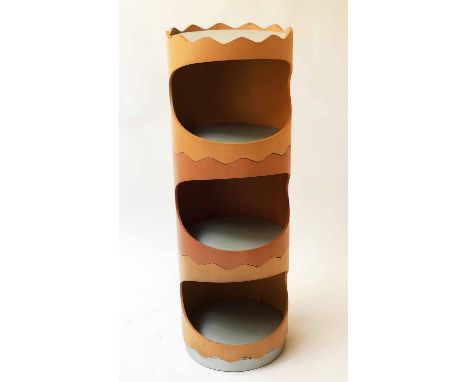 STACKING SHELVING UNIT, 1970's laminated beech three tier modular stacking shelf, 113cm H x 40cm diam.