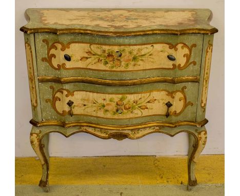 SERPENTINE COMMODE, 18th century style Italian floral painted and gilt heightened with two drawers, 74cm H x 78cm x 33cm.