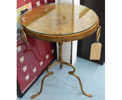 OCCASIONAL TABLE, the naturalistic circular oak top on a gilt metal base with tripod supports and ring detail, 60cm W x 17cm 
