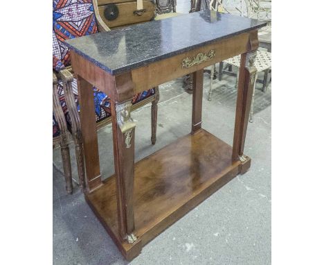 EMPIRE CONSOLE TABLE, French mahogany, circa 1810, with a grey marble top, on a base with gilt metal mounts' figural detail a