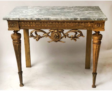 CONSOLE TABLE, early 19th century, Italian, carved giltwood, with rosette and swag frieze, reeded tapering supports and varie