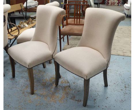 COACH HOUSE DINING CHAIRS, a set of six with studded detail and lion ring handle detail to back, 55cm W x 97cm H x 66cm D, se