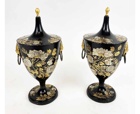 LIDDED URNS, a pair, painted and gilt tole work with lion masks and ring handles,30cm H. (2)