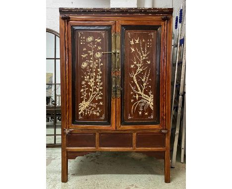MARRIAGE CABINET, Chinese lacquer, padouk and bone inlaid with a pair of panel doors enclosing two drawers and shelf, 168cm H