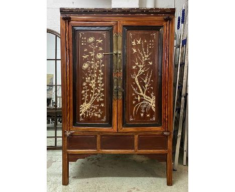 MARRIAGE CABINET, Chinese lacquer, padouk and bone inlaid with a pair of panel doors enclosing two drawers and shelf, 168cm H