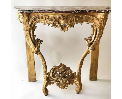 CONSOLE TABLE, 19th century French Louis XV style carved giltwood and gesso moulded variegated rouge marble and cabriole fron