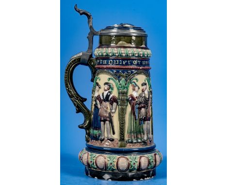 "Ein guter Trunk macht Alte jung" - polychrom staffierter, großer, Zinndeckel montierter Fayence-Krug, Historismus Ende 19. J