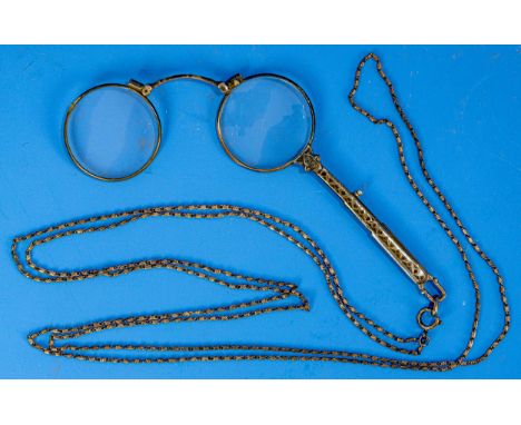 Antike Lorgnette, Tudor-Silber, 900er Silber, an ca. 150 cm langer Gliederkette mit Karabiner-Verschluss, Kette 835er Silber,