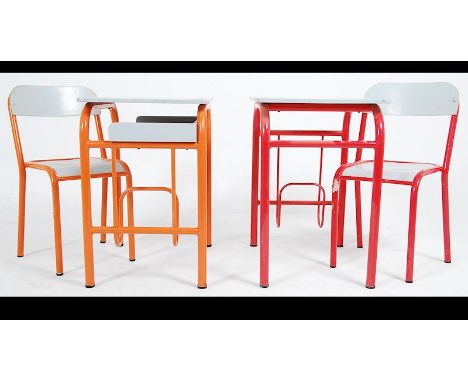 2  French vintage school desks with matching chairs . High design appeal . Mid to late 20th century painted grey wood with po