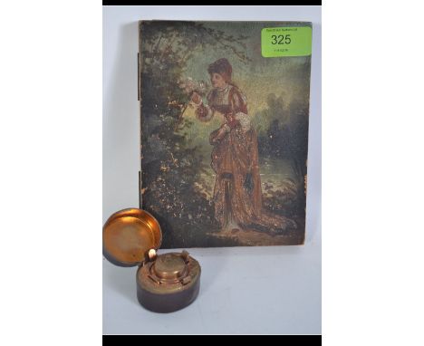 A handpainted olive wood mid century folding picture frame with oil panel painting of a maiden to the front. Together with a 