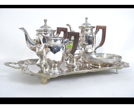 Silver plate tea / coffee service 6 pieces . Wooden handles in the deco style .  Jug 