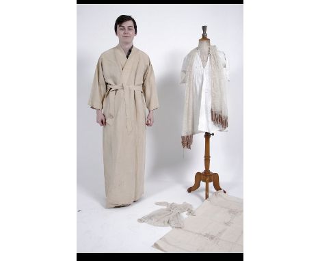 A collection of vintage early 20th century linens to include a gentlemans kimono style dressing gown made in Singapore for Ar