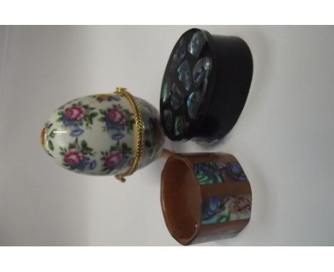 Ceramic trinket box plus a trinket box with abolone shell inlay and napkin ring