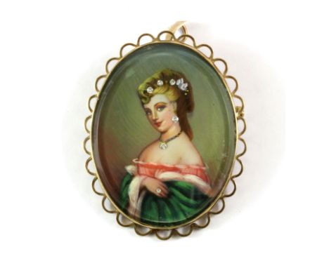 A 9ct yellow gold diamond set hand painted portrait brooch / pendant, L. 4.5cm.