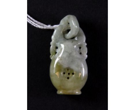 A Chinese carved jadeite jade vase shaped amulet with integral chain ring, H. 5cm.