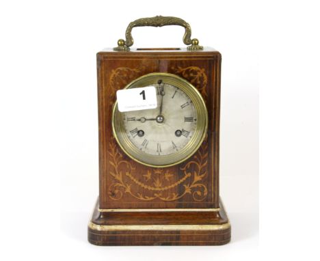 A 19th Century French inlaid carriage style mantle clock by LeRoy Paris, H. 23cm.