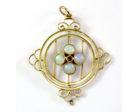 A 9ct yellow gold opal and ruby set pendant, L. 3.5cm.