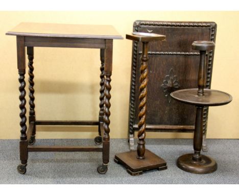 An oak barley twist side table, fire screen and two smokers stands.