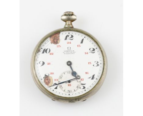 A chrome Omega open face crown wind pocket watch, the white enamel dial with hourly Arabic numeral markers with minute track 