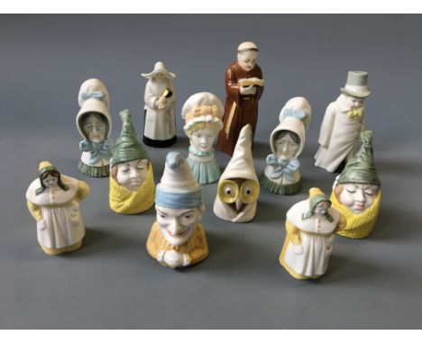 Twelve Royal Worcester character snuffers including Punch, Old Woman, Mr Caudle, Budge, etc.