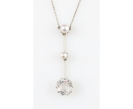 A rock crystal and pearl necklet, the cushion cut rock crystal surmounted by two pearls on knife edge links, on a belcher lin