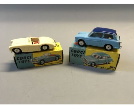 A Corgi 300 Austin Healey sports car and 216 Austin A.40 Saloon, in boxes. (NO CONDITION REPORT, VIEWING OF LOT ADVISED.)