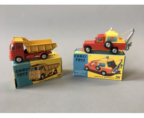 A Corgi 458 E.R.F. model 64G. Earth dumper and 477 Land-Rover breakdown truck, in boxes. (NO CONDITION REPORT, VIEWING OF LOT